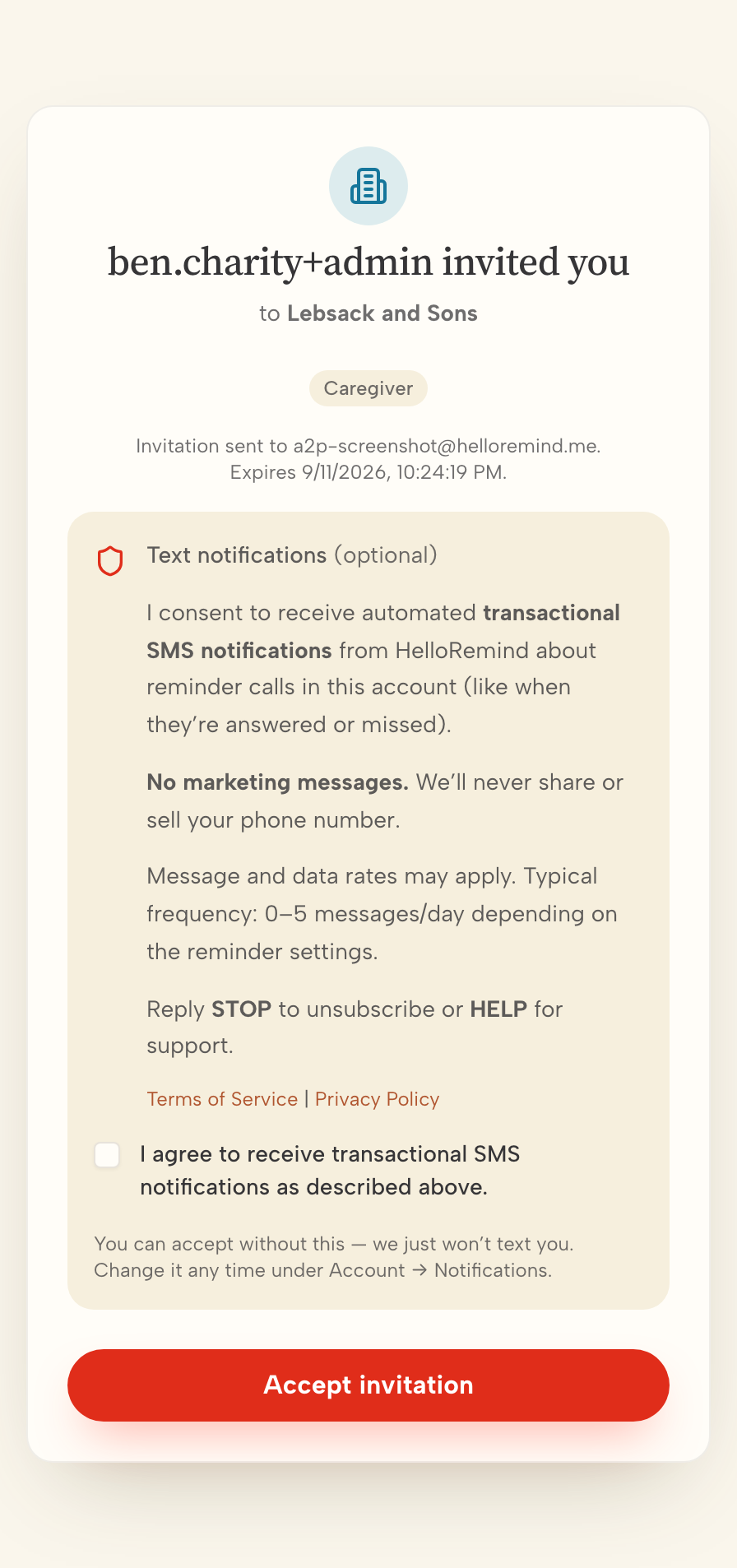 The invitation acceptance screen in the HelloRemind app, with the optional text-notifications consent block and an unchecked checkbox.