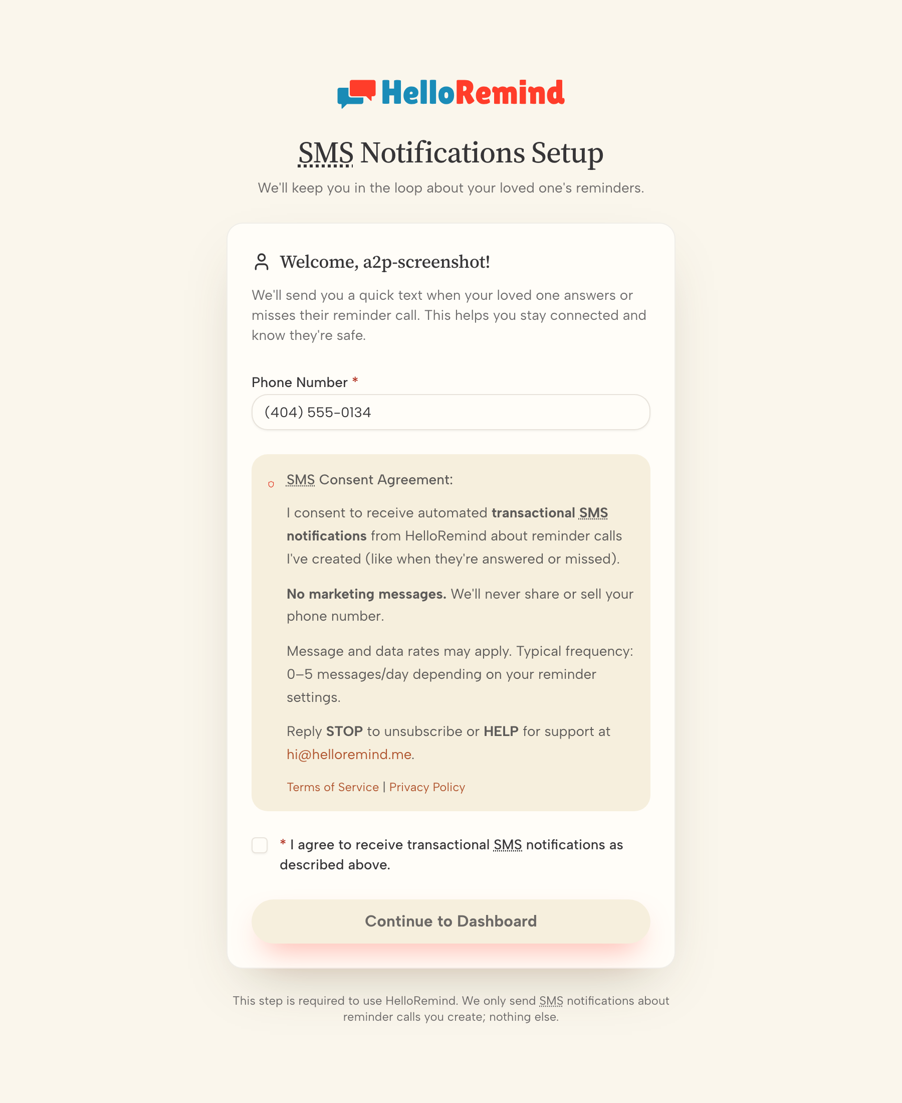 The SMS Notifications Setup step in the HelloRemind app: a phone number field, the full consent disclosure, and an unchecked consent checkbox above a disabled Continue button.