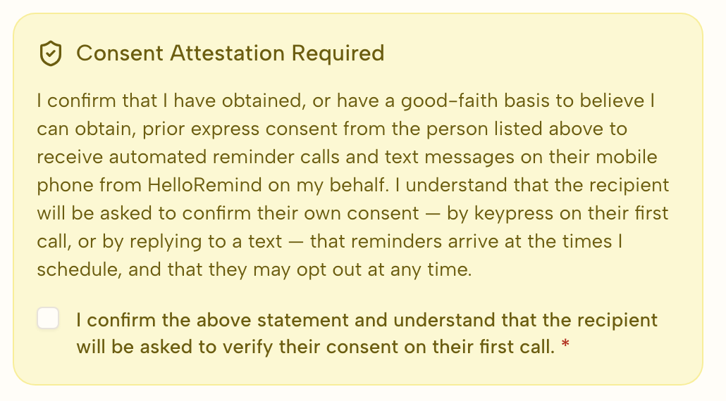 The add-a-loved-one form in the HelloRemind app, showing the consent attestation text and an unchecked confirmation checkbox.